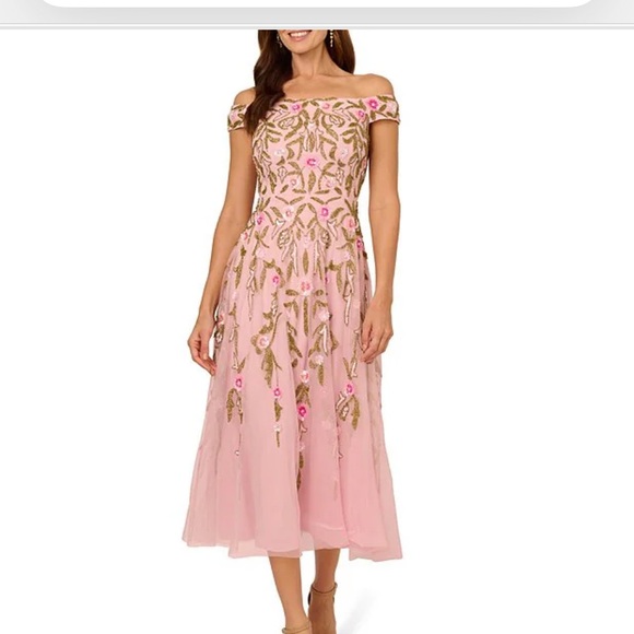 Adrianna Papell Dresses & Skirts - Adrianna Papell Blush and Gold Off-Shoulder Dress